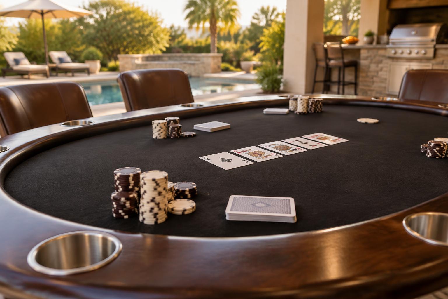 Fichas e cartas de poker sobre mesa de madeira ao lado da piscina